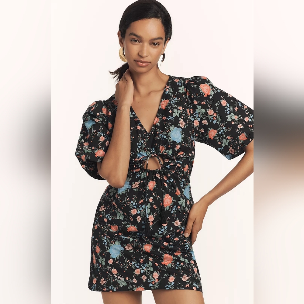 🪷NWT Anthropologie Maeve Short-Sleeve V-Neck Cotton Mini Dress Black Pattern XS
